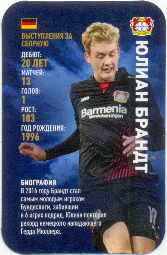 Юлиан Брандт (Байер Леверкузен Германия, Германия сборная). Top Trumps. Звёзды мирового футбола 2018