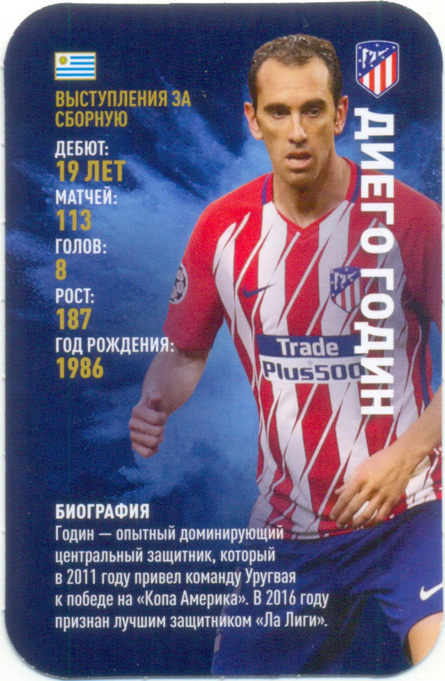 Диего Годин (Атлетико Мадрид Испания, Уругвай сборная). Top Trumps. Звёзды мирового футбола 2018