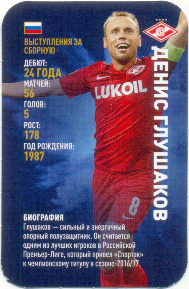 Денис Глушаков (Спартак Москва, Россия сборная). Top Trumps. Звёзды мирового футбола 2018