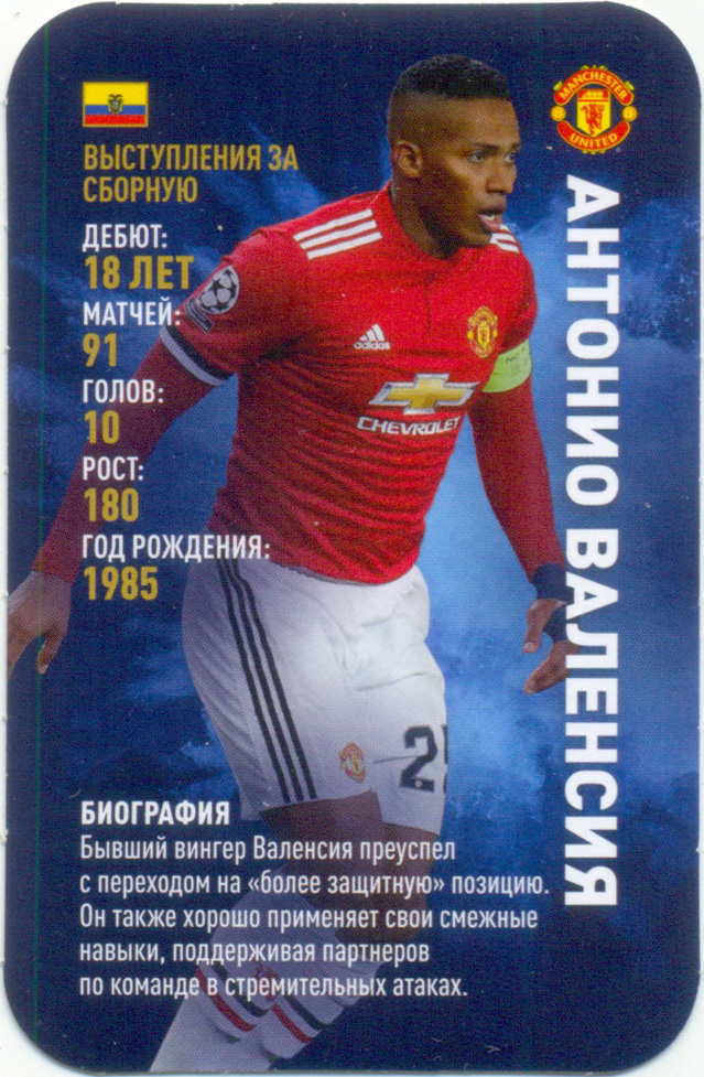 Антонио Валенсия (Манчестер Юнайтед Англия, Эквадор сборная). Top Trumps. Звёзды мирового футбола 2018