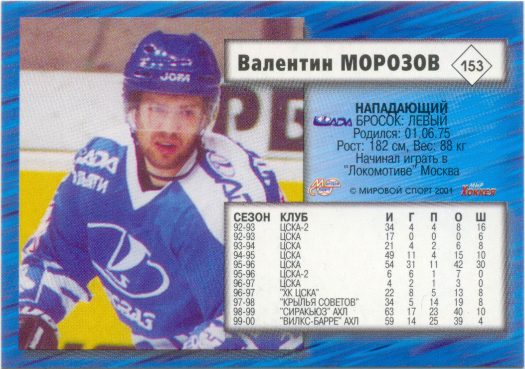 Валентин Морозов (Лада Тольятти). Мировой спорт Российский хоккей 2000-01, №153